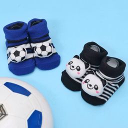 Yellow Bee Pack Of 2  Football & Panda Face Applique Detailed Anti Skid Socks - Navy Blue White & Black-picture-27