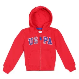 US Polo Assn Full Sleeves Hooded Sweatjacket with Kangaroo Pockets & Logo Print - Red-image-78
