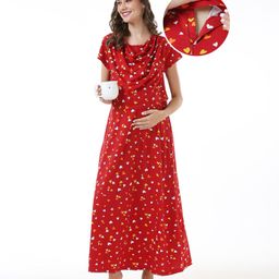 Bella Mama 100% Cotton Knit Half Sleeves Concealed Zipper Nursing Nighty Hearts Print - Red-picture-10