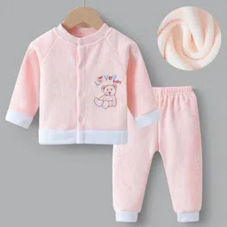 Kookie Kids Raglan Sleeves Front Open Winter Wear Suit with Bear Embroidery - Pink-picture-11