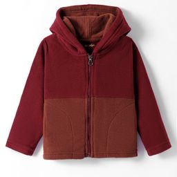 Kanvin Fleece Woven Full Sleeves Hooded Sweatjacket- Wine & Brown-picture-34