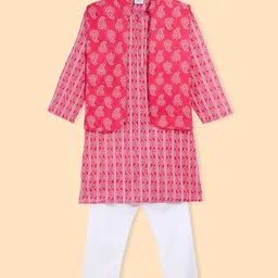 Teentaare Cotton Full Sleeves Kurta Pyjama Set with Jacket Bandhani Print - Dark Pink-image-16
