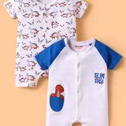 kookie kids india Kookie Kids 100% Cotton Knit Half Raglan Sleeves Front Open Rompers with Dino Print & Patch Detailing Pack of 2 - White & Blue-picture-25