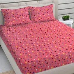 FABINALIV Pink Cartoon Print Woollen King Size Double Bedsheet with 2 Pillow Covers-image-2