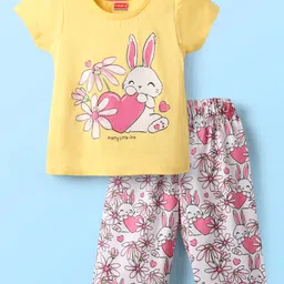 Babyhug Cotton Knit Half Sleeves Capri Night Suit With Bunny & Floral Print - Yellow-picture-21