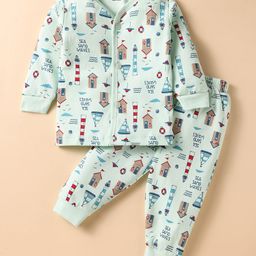 CUCUMBER Sinker Knit Full Sleeves Co-Ord Night Suit with Beach Theme Print - Light Blue-picture-8