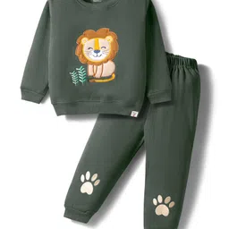 Little Darlings Fleece Knit Full Sleeves Winter Wear T-Shirt & Joggers Set With Lion Patch & Embroidery - Dark Green-picture-12