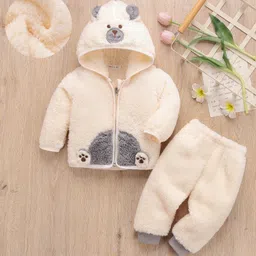 Mark & Mia Full Sleeves Winter Wear Hooded Night Suit With Bear Face Applique - Beige-image-16