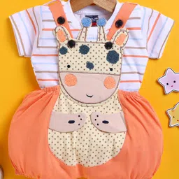 Jb Club Cotton Knit Baby Giraffe Patch Embroidered & Applique Detailed Dungaree With Half Sleeves Tee Set - Orange-image-88