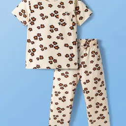 Pine Kids Cotton Knit Half Sleeves Co-ords Night Suit With Floral Print - Cream-picture-12