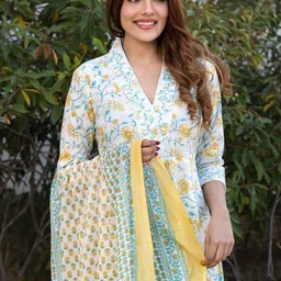 KALINI Floral Printed V-Neck Pure Cotton A-Line Kurta With Trousers & Dupatta image 4