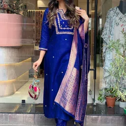 MEHZEEL FAB Ethnic Motifs Embroidered Notch Neck Straight Kurta With Trousers & Dupatta-picture-36