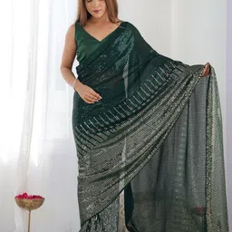 ODETTE Green Georgette Embellished Saree With Unstitched Blouse-picture-27