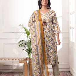 KALINI Women Floral Printed Regular Pure Cotton Kurti with Trousers & With Dupatta image 5