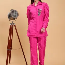 Pearls and Pastels Embroidered Silk Shirt Collar Neck Shirt With Trousers Co-Ords-picture-29