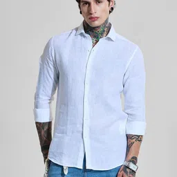 Snitch Men Classic Slim Fit Spread Collar Solid Linen Casual Shirt-picture-10