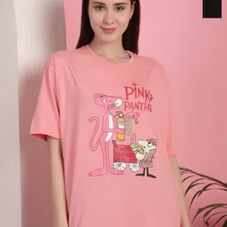 Tromko Women Pack of 2 Pink Panther Graphic Printed Round Neck Cotton Oversized T-shirts-image-50