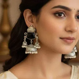 Jeweltos Silver-Plated Cat Eye Studded & Pearls Beaded Oxidised Dome Shaped Jhumkas-picture-35