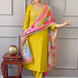 Siya Fashion Floral Yoke Design Thread Work Straight Kurta With Trousers & Dupatta-image-70