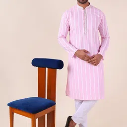 Aurik Men Pure Cotton Striped Mandarin Collar Kurta with Pyjamas image 2