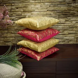 RoyalDeco Gold-Toned & Pink 4 Pieces Embroidered Square Cushion Covers image 2