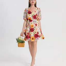JC Collection Floral Embroidered Puff Sleeves Fit & Flare Dress-picture-37