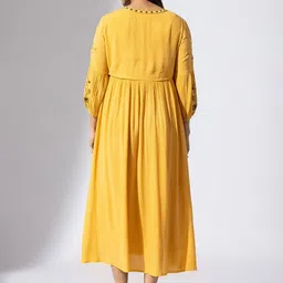 Mustard Women Fit and Flare Embroidered Puff Sleeve Midi Dress image 2