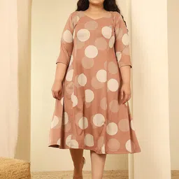 Amydus Women Plus Size Mocha Brown Polka Dot Print V-Neck A-Line Midi Dress-picture-10