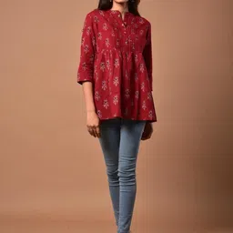 PAHAL ATTIRE Floral Print Mandarin Collar Cotton Top-picture-15