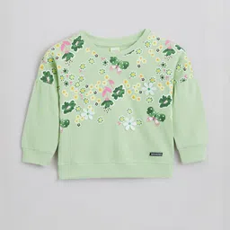Hopscotch Girls Green Floral Printed Round Neck Long Sleeves Cotton Sweatshirt-picture-34