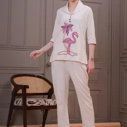 KALINI Embroidered Shawl Collar Pure Cotton Tunic With Trousers-picture-39