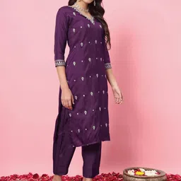 Moda Rapido Women Purple Ethnic Motifs Embroidered Kurta Set With Trousers & Dupatta image 2