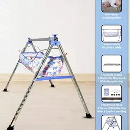 aamivi CR111 Blue Round Twisted Foldable Stainless Steel Baby Cradle with Hammock image 3