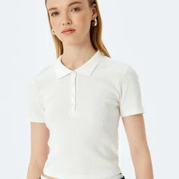 Koton Women Solid Polo Collar Cotton Slim Fit T-shirt-image-64