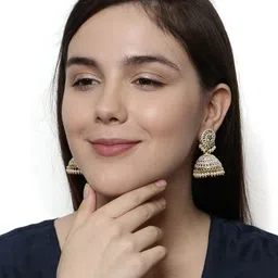 ANIKAS CREATION Gold Plated & White Enamelled Dome Shaped Jhumkas image 4