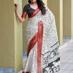 Satrani White Cotton Blend Printed Saree With Unstitched Blouse-image-60