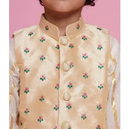 Little Bansi Boys Cream & Beige Embroidered Full Sleeves Kurta, Dhoti with Nehru Jacket image 5