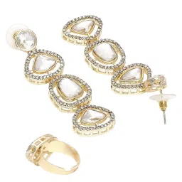 OOMPH Gold Kundan Jadau Design Indo Western Look Dangler Earrings & Ring Set image 5
