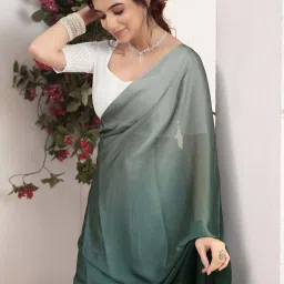 Satrani Dark Green & Dusty Green Ombre Saree With Unstitched Blouse image 5