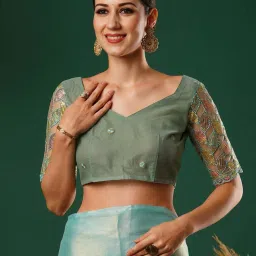 Satrani Sky Blue Saree With Unstitched Blouse image 5