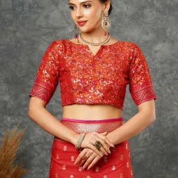 Satrani Red Woven Saree With Unstitched Blouse image 5