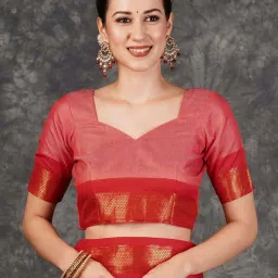 Satrani Light Pink & Red Silk Woven Saree With Unstitched Blouse image 5