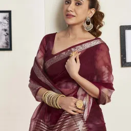 Satrani Maroon & Beige Zari Work Saree With Unstitched Blouse image 5