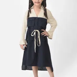 Crimsoune Club Kids Navy & Cream Color Block Full Sleeves Dress-image-43
