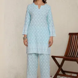 House of Kari Sky Blue Saba Chikankari Kurta Set in Rayon Kurta With Pant image 5