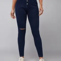 DOLCE CRUDO Dark Blue Distressed High Rise Jeans-image-77