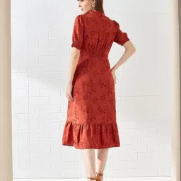 Latin Quarters Red Half Sleeves Mandarin Collar Casual Midi Dress image 3