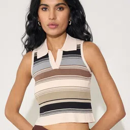 Honey by Pantaloons Women Horizontal Striped Shirt Collar Blouson Crop Top-picture-18