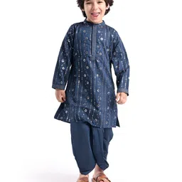 Babyhug Woven Full Sleeves Floral EmbroideredKurta DhotiSet- Teal-picture-21