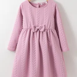 Kookie Kids Full Sleeves Woollen Party Frock with Cable Knit Design & Bow Applique - Pink-picture-32